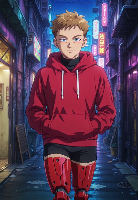 dbstyle, masterpiece, best quality, hyper-Detailed, 1man, solo, male focus, alone, detailed, Harlequin_(king) ((adult, toned body, fair skin, brown short hair, detailed blue eyes, red prosthetic legs)), ((wearing red hoodie above a black turtleneck, black tight shorts)), cyberpunk alley, dark alley, night, walking with hands in pockets, smiling, staring the viewer,