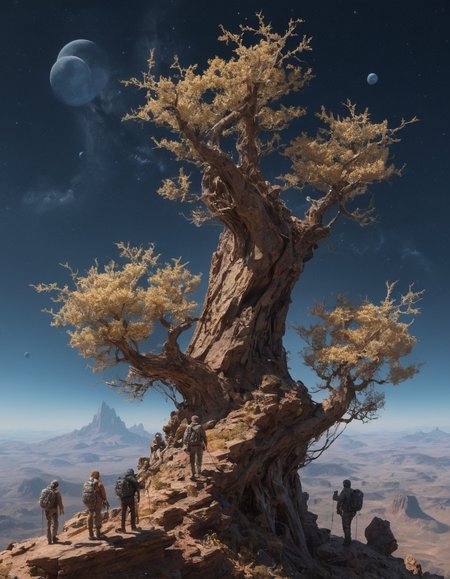 a photo of three Stardust scavengers people climbing, Fractal landscapes of recursive micro-worlds, <lora:add-detail-xl:2> <lora:xl:0.8>