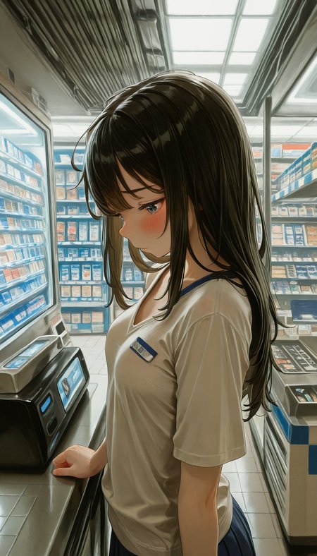 masterpiece, best quality, amazing quality, very aesthetic, absurdres, newest, 1girl, small breasts, convenience store cashier