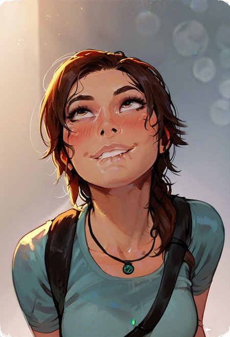 score_9, score_8_up, score_7_up, Lara Croft, looking up left, lip bite, smile, blush, eyes lidded, eyes crossed