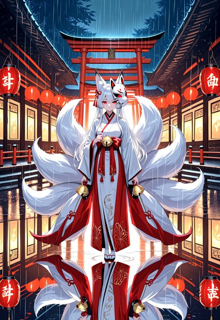 masterpiece, very aesthetic, newest, high score, best quality, absurdres, kitsune_yokai, 1girl, solo, long hair, looking at viewer, red eyes, animal ears, standing, tail, white hair, outdoors, japanese clothes, kimono, fox ears, bell, mask, night, fox tail, animal, fox, multiple tails, reflection, rain, lantern, torii, architecture, fox mask, east asian architecture, fox, paper lantern, kitsune