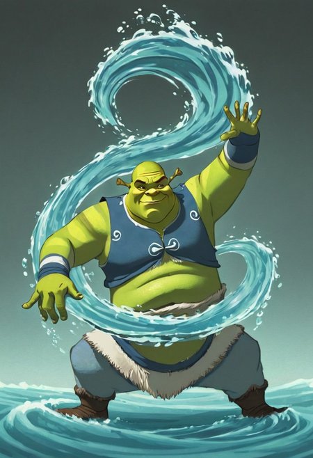 Shrek, waterbending, 2d, anime  <lora:Waterbending-04:1.0>