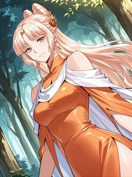 <lora:Jiang_Luoshen__I_am_the_Fated_Villain__Illustrious:1>
1 girl, solo, brown eyes, blonde hair, long hair, hair bun, bangs
long dress, earrings, orange dress, jewelry, White cape, side slit, hair ornament, bare shoulders
score_9, score_8_up, score_7_up, very aesthetic, source_anime, detailed, high quality, beautiful, masterpiece, detailed eyes, forest, tree, ruins, cowboy shot, dynamic angle, upper body, light smile, dynamic pose