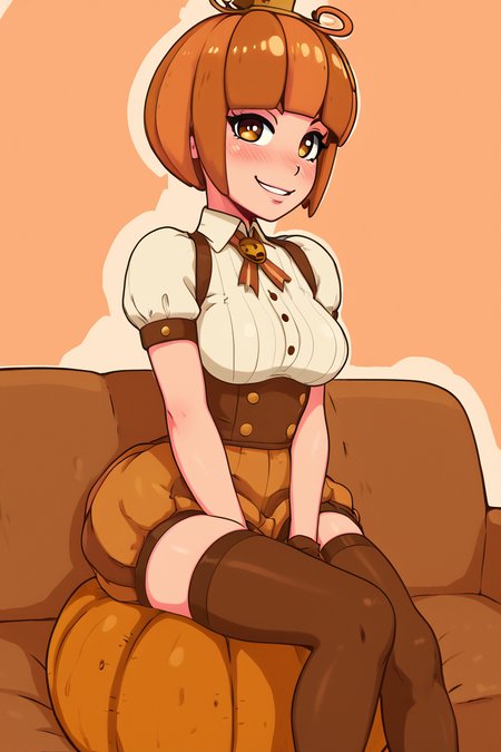 score_9, score_8_up, score_8, medium breasts, (curvy), cute, eyelashes,      ,,, zPmpknGrl, brown eyes, short hair, brown hair, blunt bangs,  gloves, thighhighs, short sleeves, jack-o'-lantern, pumpkin, shirt, sitting, white shirt, <lora:PumpkinGirl_Masashi_PDXL:0.8>,   ,,, hand between legs, blush, smug,  ,,,  smile, looking at viewer, blush, blurry, couch, sitting,   ,,, <lora:Afrobull_PDXL_v5:0.8>, ,  ,,, BREAK,   smile, looking at viewer, cowboy shot,   embedding:zPDXL, Expressiveh, <lora:SDXLFaeTastic2400:0.5>,  <lora:Expressive_H-000001:0.4>,