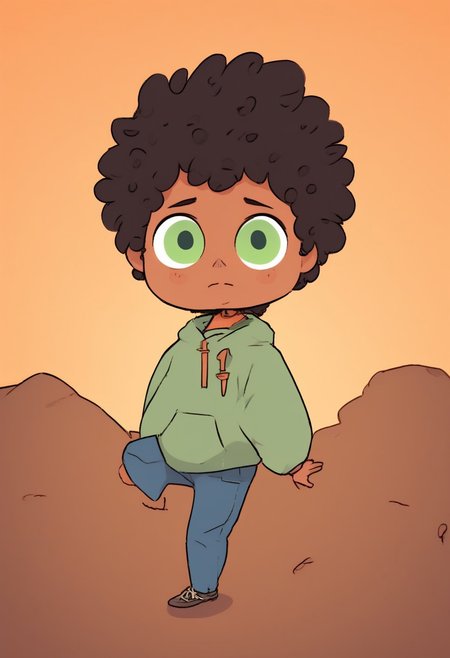 max (camp camp), 1boy, solo, human, male focus, curly black hair, curly tousled black hair, afro, dark skin, dark-skinned male,  large eyes, round eyes, green eyes,small nose, triangular nose, pointed nose,, ng_deepnegative_v1_75t, By bad artist , bad_pictures, fcNeg, chibi, max (camp camp)