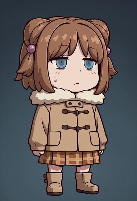 masterpiece,best quality,absurdres,highres,very aesthetic,high quality,detailed,insanely detailed,beautiful,perfect lighting,
zzzemoji, april fools, , 1girl, simple background, sweatdrop, , dizzy mouth, looking away, full body,
 <lora:Yuko illu:1> 1girl, short hair, brown hair, blue eyes, hair ornament brown coat, fur trim, , long sleeves, plaid skirt, fur collar, hair bobbles, pleated skirt, brown footwear <lora:FGO_April_Fool:1> april fools