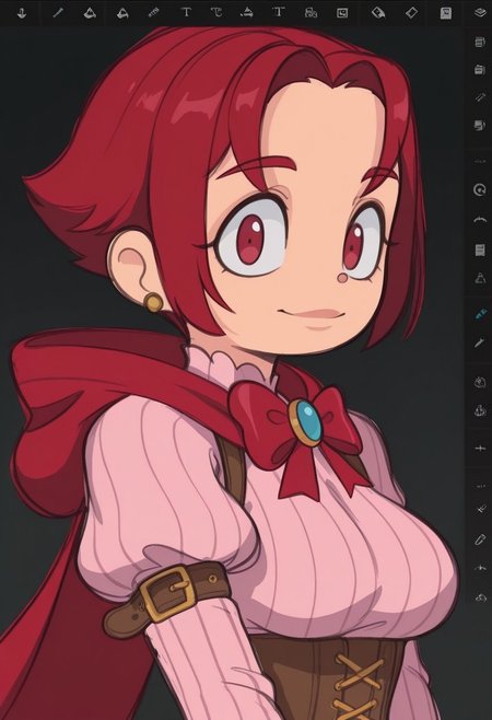 sslt,

1girl, solo, sidelocks, smile, lips, earrings, jewelry, breasts, upper body, red hair, short hair, red eyes, parted bangs, closed mouth, medium breasts, red bow, red cape, red bowtie, pink dress, brown corset, brown gloves, looking at viewer, hood, bow, hood down, long sleeves, corset, bowtie, brooch, dress, puffy sleeves, juliet sleeves, ribbed dress, arm belt, belt buckle, frilled sleeves, high collar, gloves, elbow gloves, underbust