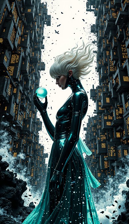 Eye-level composition depicting a striking woman with sharp, geometrically styled **liquid silver** hair standing within a metropolis constructed from constantly flowing, living ink. Her angular bodysuit is a vibrant **deep teal** armour, appearing sleek and smooth against the dynamic background. The city structures are not solid but formed from shifting black and grey ink washes, resembling colossal, three-dimensional calligraphy or sumi-e paintings constantly redrawing themselves â skyscrapers flow into bridges, streets pool and reform. Glowing white or teal geometric shapes (kanji-like symbols, abstract circuits) pulse within the ink flow. Her beauty is fluid yet precise, her stillness a deliberate counterpoint to the city's ceaseless motion. Lighting is stark and high-contrast, emanating from the glowing symbols within the ink and casting dramatic, flowing shadows. A sense of elegant, controlled chaos pervades. Focus is razor-sharp on her form, while the background ink retains a sense of fluid motion. The sound is a complex layering of soft washes, sharp calligraphic strokes being drawn, and low resonant hums. The air smells faintly of ink and ozone. Visual narrative fragment: A perfect sphere of captured, solidified white ink, glowing faintly, hovers near her hand. Metaphor: She is the unwritten character in a living manuscript, beauty as the constant point in fluid creation. Style: Abstract realism, heavy CGI influence, living ink / sumi-e aesthetic, dynamic fluid simulation, geometric symbols, high-contrast black/white/teal palette. 8K UHD, sharp focus on the subject, motion blur effects on ink flow, avoid organic textures. <lora:midjourney_whisper_avant_couture_v01:0.24> <lora:detailed_v2_flux_ntc:0.46> <lora:Epic_gorgeous_Details:0.53> <lora:FLUX_REALISM_lora:0.35>