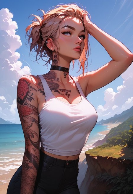 Score_9, Score8_up, Score_7_up, (((High Resolution, Best Quality))), Covered in Tattoos, hand on head, brushing hair behind ear, 
Tanktop, cutoff, choker, 
On a Cliff overlooking a beach, Cloudy Sky,