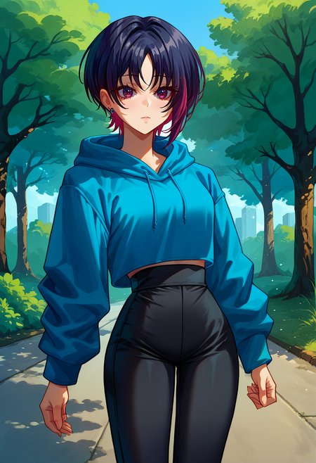 score_9, score_8_up, source_anime, 1girl, solo, KisaragiRen, multicolored hair, short hair, parted bangs, outdoors, park, blue hoodie, high-waist pants, yoga pants, black pants, light blush, <lora:ChamKisaragiRenPonyXL:1>