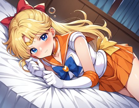 score_9, score_8_up, score_7_up, source_anime,
sailorvenus, <lora:sailor-venus-ponyxl-lora-nochekaiser:1>
sailor venus, blonde hair, blue eyes, bow, hair bow, half updo, long hair, red bow, tiara,
back bow, choker, elbow gloves, gloves, jewelry, magical girl, orange choker, orange sailor collar, orange skirt, sailor collar, sailor senshi uniform, school uniform, serafuku, skirt, white gloves,
indoors, bed, bed room, on side, blush, drunk,
looking at viewer, cowboy shot, dutch angle,
