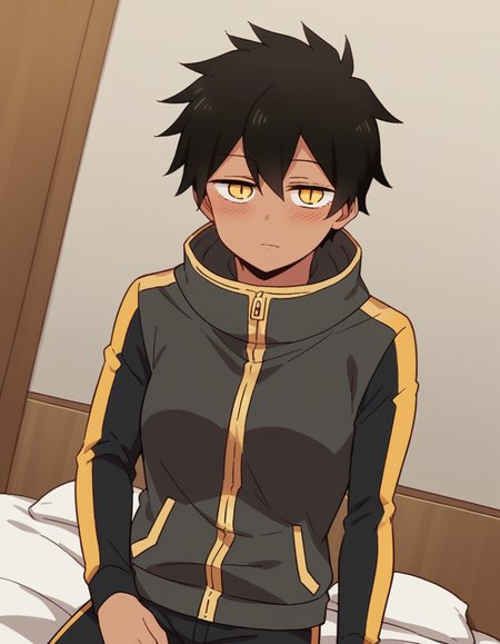 score_9, score_8_up, score_7_up, source_anime,
natsumikurobe, <lora:natsumi-kurobe-s1-ponyxl-lora-nochekaiser:1>,
natsumi kurobe, short hair, black hair, yellow eyes, slit pupils, dark skin, dark-skinned female,
jacket, pants, hood, zipper, tomboy,
indoors, bed, bed room, on side, blush, drunk,
looking at viewer, cowboy shot, solo, dutch angle,