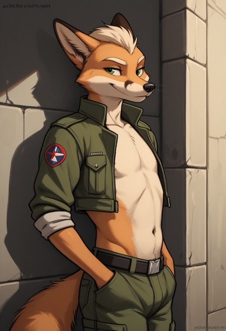 score_9, score_8_up, score_7_up, score_6_up, score_5_up, score_4_up, best quality, highly detailed, ((seductive)), intricate details, male, outside, army base, extremely detailed, smooth body, smooth lines, zaush style art, solo, 1furry, 1boy, (femboy fox McCloud, young), two toned fur, anthro, 1boy, cropped jacket, sly fox, sexy pose, seductive, leaning back against wall, cute midriff, navel, side view, cute butt