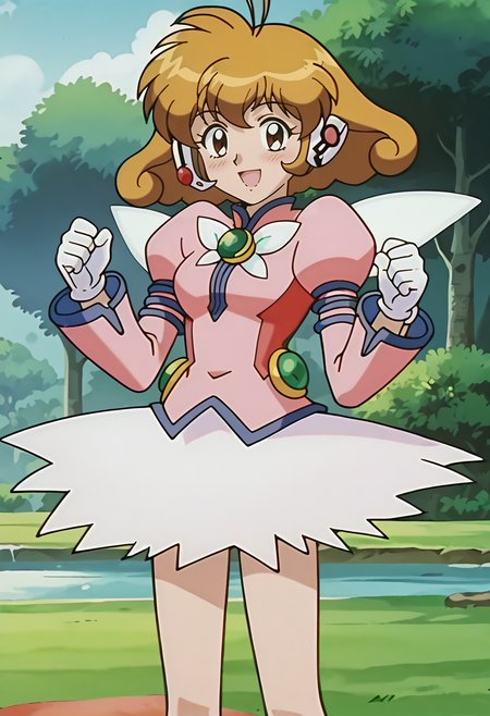 score_9, score_7_up, hd, (ultra hd quality details), source_anime,
solo, 1girl, kasugayuidef, antenna hair, anime screencap,
cyuidefclothes, magical girl, headgear, juliet sleeves, brooch, white gloves, skirt, wings,
looking at viewer, blush, smile, open mouth, 
standing,
<lora:_kasuga_yui-elesico-pony:0.9>