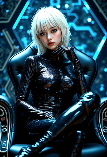 midjourney_whisper_innocent_eyes,
extremely photorealistic depiction of a slightly voluptuous gorgeous female character  with futuristic latex outfit electronic circuit printed. Her unrealistic beauty with perfect skin almost doll like face with platinum blonde  asymetrical hair  against a detailed circuit board background. The circuit board is illuminated with blue lights and complex patterns.  the lighting is soft, highlighting her features. The camera shot is a wide shot, capturing her full body and the detailed background.Soft underlighting to highlight features, Bounced light from metallic surfaces. Dual-tone lighting setup. 
Micro-details in latex and fabric, Realistic wear and tear on materials, Ray-traced reflections, High-frequency detail enhancement, High-resolution shadow mapping, Seated on a futuristic chair with legs crossed, hands resting on her chin, calm expression.





