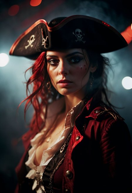 glamour portrait photo, macro, a captivating vibrant glow, mysterious female futuristic pirate, surrounded by particles emitting light, pirate ship, dark white weapon, ethereal, smoky backdrop. throwing a translucent white/tanslucent white/red fade, pirate clothing revealing cleavage, 100mm f/2.8 macro lens, atmospheric haze, Film grain, cinematic film still, shallow depth of field, highly detailed, high budget, cinemascope, moody, epic, OverallDetail, gorgeous, 2000s vintage RAW photo, photorealistic, candid camera, color graded cinematic, eye catchlights, atmospheric lighting, imperfections, natural, shallow dof