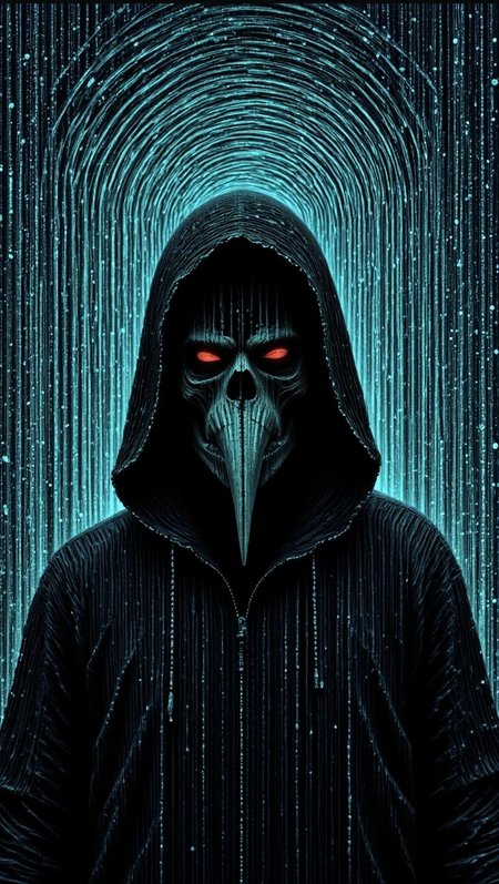 <lora:6832B18FC47386909B9316FE033A1655118763AFDE6336FB8218B5090E835842.safetensors:1> digital
In a bold, edgy visual style reminiscent of a noir-inspired comic book, a hooded figure looms prominently in the frame, its skeletal face and glowing red eyes piercing through the darkness. The figure’s prominent beak, reminiscent of a Death's-head hawkmoth, adds a surreal and ominous touch. The strong ink outlines accentuate the exaggerated structure, while the dark, billowy cloak is rendered with subtle light blue highlights that catch the eye. Harsh, graphic lighting casts stark shadows across the figure, emphasizing the deep contours of the skeletal face and the sharp angles of the beak.
The background is an ethereal, cyan-toned abstract pattern that feels both otherworldly and menacing. Tentacle-like shapes and a circular, soft-lit design add to the surreal atmosphere, creating a sense of movement and unease. Cross-hatching and fine, sketchy lines give the scene a hand-illustrated texture, enhancing the sense of dark whimsy. The limited color palette, with its subdued hues and sharp pops of vibrant red, heightens the tension and focus, making the figure’s presence even more intense and mischievous.
The overall mood is one of unpredictability and slight unease, as if the figure is about to reveal a dark secret or play a devilish trick. The scene is a perfect blend of eerie, surreal elements, capturing the essence of dark fantasy with a rebellious, hand-drawn flair.