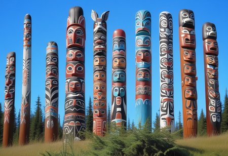 a photograph from the ground, pointing up of  beautifully decorated, intricately carved, beautifully painted, wooden totem poles, native American art, with various totem animals, hares, bears, eagles, and other native american animals, stands on a beautiful natural background with land, water, sky and nature present, a realistic, breathtaking tall, wooden totem, nature, natural, absurdres, breathtaking, OverallDetailX, pop Tlingit totem pole, Archi Sculpture Photography