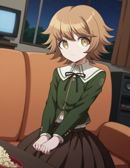 score_9, score_8_up, score_7_up, source_anime, <lora:chihiro-fujisaki-s1-ponyxl-lora-nochekaiser:1>, chihiro fujisaki, short hair, bangs, brown hair, brown eyes, male focus, otoko no ko,, skirt, shirt, long sleeves, ribbon, school uniform, jacket, pleated skirt, black ribbon, neck ribbon, brown skirt, green jacket,, living room, television, couch, popcorn, watching movie, night time, sitting,, , , arm resting on table, solo,, cowboy shot, dutch angle