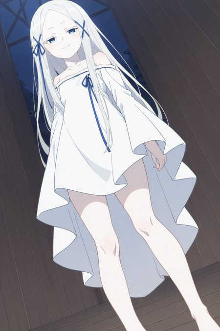 score_9, score_8_up, score_7_up, source_anime, 1girl, prefect lighting, very aesthetic, intricate details, highly detailed background, masterpiece, high quality, prefect hands, best quality, solo,
<lora:Pandora_ReZero_V1:.75>, KJOpandora, white hair, blue eyes, parted bangs, Long eyelashes, very long hair, hair ribbon, half-closed eyes, pale skin, 
white dress, off shoulder, 
looking at viewer, smug, standing, arm at side, from below, barefoot, 
wooden floor, wood walls, dimly lit, night, 
(Beautiful, small Breasts:1.2), natural breasts,