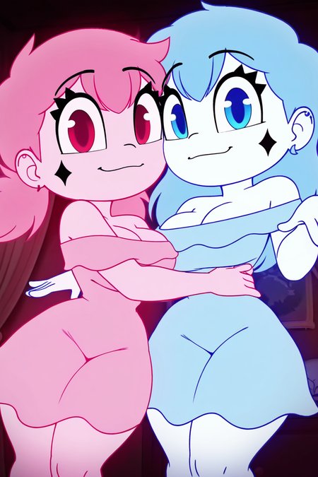 masterpiece, best quality, eyelashes, (beautiful eyes),   2girls, multiple girls,  zzPinkGhost, zzBlueGhost, hug, side by side,  long hair, looking at viewer, smile, large breasts, gloves, dress, cleavage, bare shoulders, indoors, off shoulder, eyelashes, curtains, off-shoulder dress,  <lora:GhostGirlsIXL_v1:1.0>,
