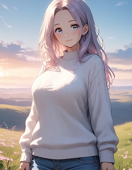 anime, 1  girl , 21 years old,  emily, <lora:Emily:0.8> ,  voluptuous, wearing ((white sweater and blue jeans)), daylight scene, vibrant, colorful, standing, location is lavender field, soft diffused lighting, smooth skin