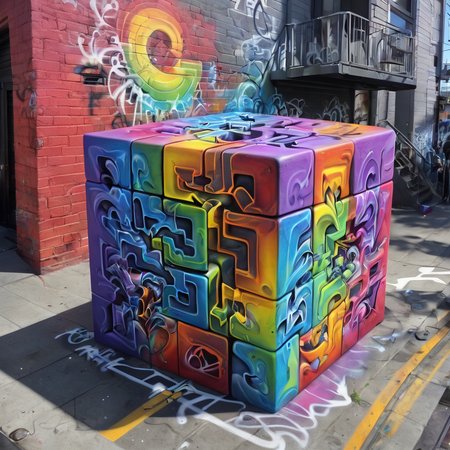 <lora:f4b14n:0.5> f4b14n san francisco rainbow cube graffiti