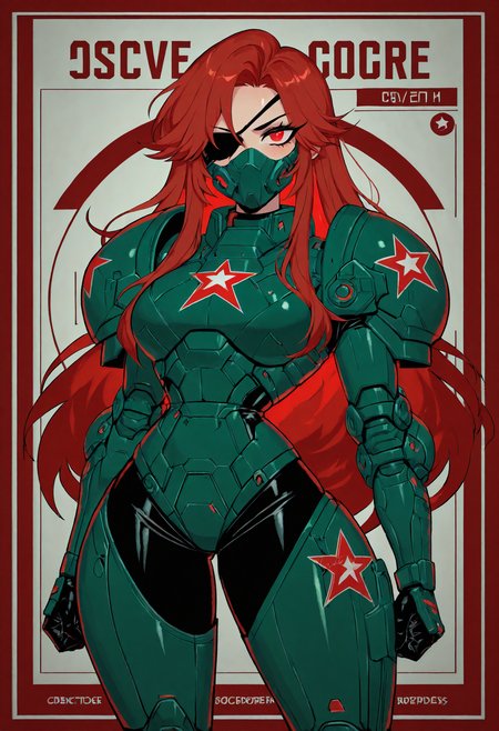 (beautiful, masterpiece, detailed, best quality, newest), ussr propaganda poster style, theine, 1girl, solo, detailed, sovietpunkai, female soldier, shiny skin, (power armor), Red star symbol on armor, green armor, face mask, massive pauldrons, cybernetic arms, red eyes, red hair, long hair, eye patch, (standing, at attention), ussr symbol
