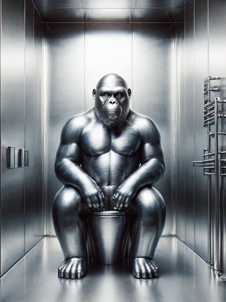 An ais-steelz gorilla sitting on the toilet, in a glistening bathroom <lora:Brushed_Steel_Style_SDXL:1>
