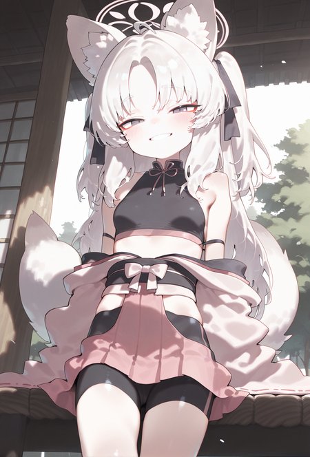 score_9, score_8_up, score_7_up, 1girl, <lora:Kuzunoha:1>, general, (atte nanakusa:1.10), (lakilolom:0.85), (dojirou:0.95), (musouzuki:1.05), grey eyes, white hair, animal ears, fox ears, fox tail, fox girl, long hair, curtained hair, red eyeliner, japanese clothes, kimono, black top, bike shorts, pants, pink skirt, small breasts, pale skin, open clothes, halo, smile, blush, masterpiece, best quality, amazing quality, very aesthetic, absurdres, newest, scenery,  <lora:deal360acv illustrious 006:0.45>, <lora:dj_sloppa_ill_v2:0.2>, <lora:nyalia:0.35>