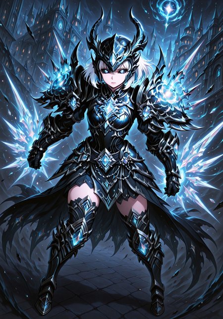 masterpiece, best quality, ultra-detailed, absurdres, 64K, high resolution, concept art, official art, illustration, fantasy illustration, very aesthetic, highly detailed, beyond intricately detailed, stylized, stunning, smooth quality, colorful, digital artwork, abstract, HDR, raytracing, high contrast, dramatic shadows, depth of field, glow, ornate design, sharp focus, highly detailed face, (full-body:1.2), character-focused scene, strong facial expression, strong colors, BREAK, 

(Dutch angle, from above, action shot:1), 

(1girl, petite adult body, ((pitch-Black with pearlescent-white highlights SuperShortHair:1.5)), colored scelera, black sclera, detailed white eyes, black gothic makeup and lipstick, highly detailed fantasy armor set. The armor is sleek and segmented with overlapping black and dark gray plates, styled like scales or dragon hide. The chest, arms, and legs are reinforced with jagged, layered metal and claw-like accents. Large, curved pauldrons extend from the shoulders, edged with translucent, glowing white crystalline blades and ornate chain-like structures. Bright white magical energy emit from the shoulders, forearms, and helmet crest. The gauntlets and greaves are decorated with claw-like ridges and glowing white accents. The entire set has a dark, corrupted magic aesthetic with a luminous contrast from the white glow. Action-combat stance, dynamic pose) in (medieval fantasy cityscape), 



