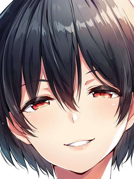 score_9, score_8_up, score_7_up,  
1girl, Sayaka rr, short hair, black hair, 

face, close-up, red eyes, smile, narrowed eyes, parted lips, looking at viewer, white background, 