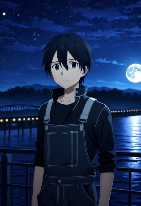 high resolution, professional photography, best quality, 1Boy, Kirigaya Kazuto, Black Hair, Black Eyes, overalldetail, depth of field, bright moon, fantastic night, stary sky, dreamlike, midle of bridge