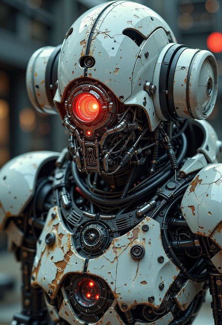 Haunted mech, cracked cockpit, ghostly aura, faded insignia, shattered limbs <lora:Midjourney_Dreamlike_Fantasy_FLUX_LoRA.safetensors:0.3>,  <lora:Cyberpunk Realistic V1.safetensors:0.6>,  <lora:ck-skynet-000019.safetensors:0.3>,