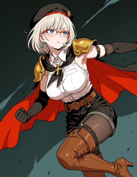 masterpiece,best quality,amazing quality,flat color,
intense shadows,guro,
mature female,short hair,platinum blonde hair,mole under eye,blue eyes,beautiful detailed eyes,larg breasts,oval face,glasses,<lora:748cmSDXL:0.5>,solo,dynamic pose,
bare_shoulders,detached_sleeves,belt,black pantyhose,black garter belt,high heels,(black beret),earrings,cross necklace,pendant,neckerchief,elbow gloves,armband,black armlet,fighting_stance,shorts,cape,red color inner cape,(upper body,shoulder armor,left arm),(lower body,shorts),brown footwear,thigh boots,longeyelashes,collared shirt,
<lora:mai_ra_style:2>,mai_ra_style,