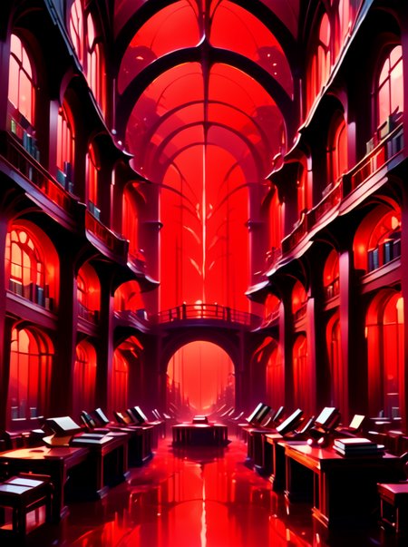 score_9,score_8_up,,score_7_up,,<lora:art_deco_pony:0.8>,source_anime,anime style,
artdecostyle,
, library, no humans, book, scenery, bookshelf, window, indoors, red theme, reflection, water, table, book stack