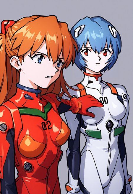 score_9, score_8_up, score_7_up, score_6_up, source_anime,  incrscook, <lora:eva_pony:1>  <lora:LethimcookMeme_XLPD:1> 2girls, souryuu_asuka_langley, ayanami_rei, red pilot_suit, white pilot_suit, furrowed brow,