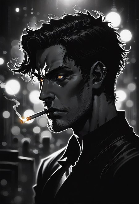 zPDXL2, score_9, score_8_up, score_7_up, source_anime, noir, portrait, mysterious goth man, night city, liting cigarette, best quality, dark theme, low light, best quality, sideview face in profile, face close up, bpe-illuminati, depth of field, dof, [[sketch]], lineart