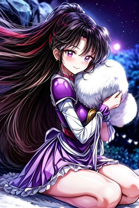 masterpiece,  best quality 1girl Setsun4 solo long hair,  (night time) forest background black hair very long hair purple eyes multicolored hair armor (fur trim) (medium body),<lora:EMS-179-EMS:0.800000>,<lora:EMS-293862-EMS:0.800000> bow, hair_bow, hair_tubes, red_bow, brown_hair, long_hair, bangs, ascot, frilled_bow, yellow_ascot, blush, smile, hair_between_eyes, athletic, armor