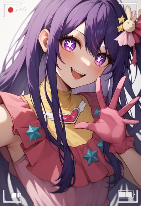 score_9,score_8_up,score_7_up,1girl,hoshino_ai_\(oshi_no_ko\),solo,upper_body,blush,smile,long_hair,purple_hair,rabbit_hair_ornament,viewfinder,absurdres,highres,battery_indicator,commentary_request,finger_frame,hair_between_eyes,idol_clothes,looking_at_viewer,open_mouth,pink_dress,pink_gloves,purple_eyes,star-shaped_pupils,star_in_eye ,<lora:oshi_no_ko:1>,
