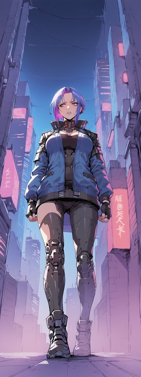 score_6up, mature Woman,  very low angle view, full body view, multi-colored short iridescent hair, long jacket, futuristic,  in a dark cyberpunk street, some neons far away, city by night, cyber boots, fingerless gloves, high contrasts, original perspective,  fingerless gloves, details in the shadows, sketch. drawing  low light, dramatic lighting, darkness <lora:LOREVER-style_ponyXL:1.2>, vivid colors