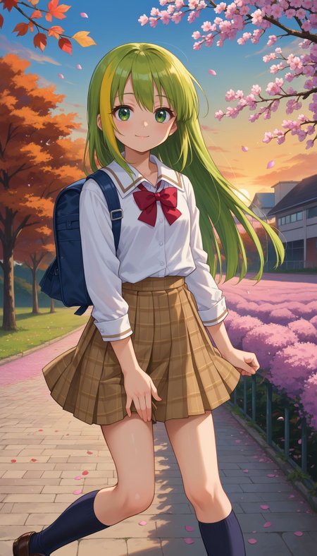 score_9, score_8_up, score_7_up, score_6_up, , solo, 20yo woman, (Beuty:1.1) , (cute:1.3), ,perfecteyes , seductive smile,perfect,  
alinagray, 1girl, solo, looking at viewer, closed mouth, small breasts,<lora:alina_gray:0.8> , green eyes,  very long straight green hair with a yellow streak, sidelocks, blunt ends,  lock between her eyes.
sakae_general_school_uniform, school uniform, Hand on knee,
white shirt with short over long sleeves, cuffs, a wing collar, a red bowtie, a brown plaid miniskirt, buttons, brown loafers.
autumn, autumn leaves, backpack, bag, bare tree, blue sky, branch, cherry blossoms, cloud, evening, falling leaves, falling petals, gradient sky, hanami, leaf, long sleeves, orange sky, outdoors, petals, petals on liquid, pink flower, scenery, school bag, , sky, solo, spring \(season\), standing, sunset, tree, twilight, wind, wisteria, Mont Fuji in background