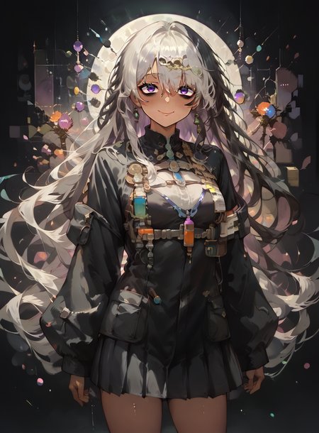 score_9, score_8_up, score_7_up, score_6_up, score_5_up, source anime, (dark skin), breasts, long hair, black hair, hair over one eye, sleeves past wrists, bags under eyes, long sleeves, smile, purple eyes, looking at viewer, blush, smile, looking at viewer, cowboy shot,  standing, realistic background, indoors, laboratory, scientist, science room, black pleated skirt, chemicals,  black jacket, white hair,  <lora:ncaaoo33_XL_15E_GT_V0.1:0.8> , ncaaoo33,  <lora:NoctAbstractConcept:1> , abstract, abstract background, particles,  <lora:p4st3lg0r3XLP:0.8> , p4st3lg0r3,  <lora:ph4nt0m01lXLP:0.7> , ph4nt0m01l,  <lora:s0mXLP:0.7> , s0m,