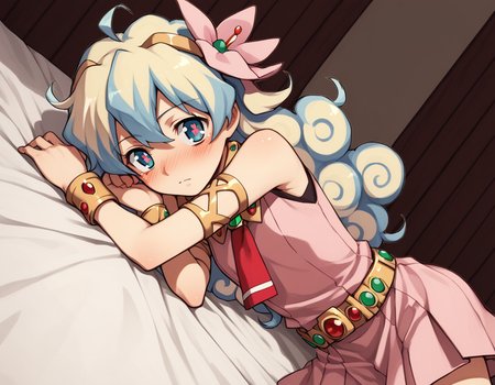 score_9, score_8_up, score_7_up, source_anime,
niateppelin, <lora:nia-teppelin-ponyxl-lora-nochekaiser:1>,
nia teppelin, cross-shaped pupils, hair flower, hair ornament, long hair, multicolored hair, simple background, symbol-shaped pupils, two-tone hair, ahoge, curly hair,
armlet, bracelet, dress, pink skirt, skirt, sleeveless,
indoors, bed, bed room, on side, blush, drunk,
looking at viewer, solo, cowboy shot, dutch angle,