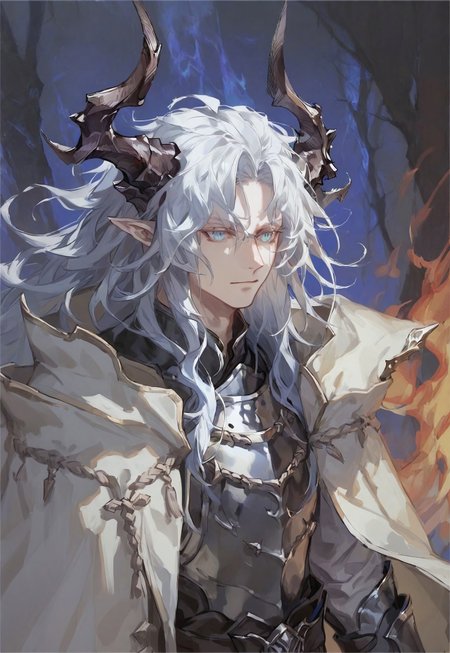 (masterpiece), (best quality), source_anime+, perfect anatomy, HD, 10k Res, digital_media_(artwork) hi_res, intricate, high quality, amazing quality, an art drawing of an anime style man with horns on his face, 1boy, male focus, solo, blue eyes, demon boy, (two horns, black horns, horns on the side of the head, ram-shaped horns:1.3), upper body, blue flame-shaped forehead marking, no pupils, Drestoria-Style_V1, semi-realism, nose, pointy ears, pale skin, (white eyelashes, messy hair, wild hair, long hair, white hair:1.2), ((cape, mage robes, intricate clothing, armor, black boots), full body view:1.4)
