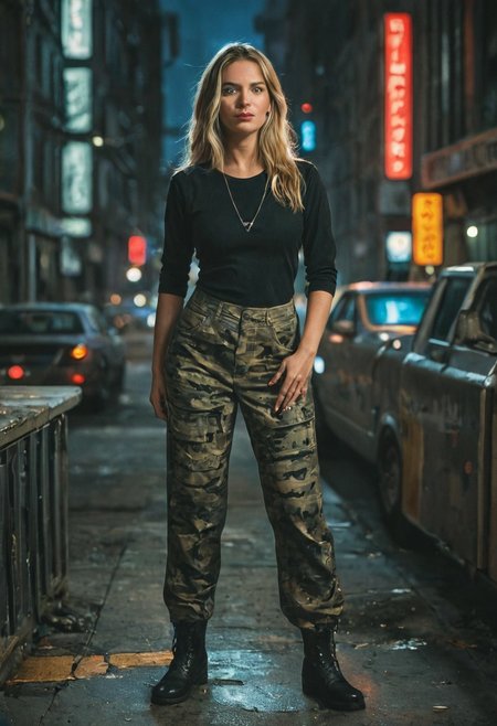 CyberRealisticPony_POSV1, A woman with blonde hair and blue eyes stands in an office with a city view at night. She is wearing a black top, camouflage pants, and black boots. The overall mood is one of confident authority, stylish strength, and captivating presence.
[Woman in an office with a city view, confident and stylish mood], [Digital painting, anime style], [Inspired by depictions of characters in action anime and manga], [Soft, nighttime lighting with a color palette featuring blacks, greens, and subtle highlights, detailed rendering of the character's features, clothing, and surrounding environment, background includes an office with a city view at night, focus on the character's captivating gaze and the intricate details of her outfit and boots, smooth skin texture, detailed fabric textures, city details in the background.]