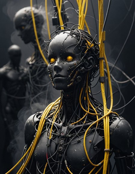 A jumble of irons and cables in a humanoid shape, no face, dark character, oblique inclination, high contrast, hard shadows, predominance of darkness, dim side light, blurred silhouette, fog, smoke, black, gray and yellow tones, black background, hyper-detailed<lora:add-detail-xl:1> <lora:Sinozick:1>