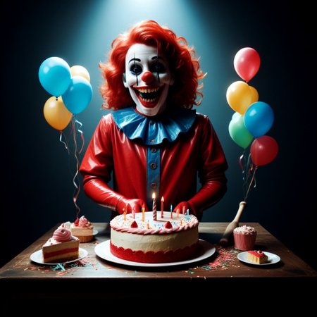 score_9, score_8_up, score_7_up, score_9, score_8_up, score_7_up, terrifying Latex clown, horror setting, birthday party, solo, carrying latex baseball bat. burst red latex balloons everywhere, menacing aura, dark room, smashed birthday cake on table, balloons, poor lighting,