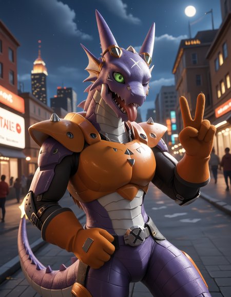 score_9, score_8_up, score_7_up, BREAK (anthro, furry:1.1), depth of field, cinematic lighting, masterpiece, detailed hands, detailed face, best quality, ultra realistic, 4k, 2k, film photography, RAW photo, photorealistic, analog style, subsurface scattering, photorealism, embedding:unaestheticXL_bp5, embedding:zPDXL,(best quality, high quality, 8K:1.5), <lora:add-detail-xl:2.5>, <lora:fix_hands.safetensors:2.0>, <lora:2.5DRealisticV2.safetensors:0.2>, <lora:sinfully_stylish_SDXL.safetensors:0.6>,  <lora:AdvancedEnhancerXLv2.safetensors:1.0>, (hi res), ((masterpiece)), ((best quality)), illustration, anthro, furry, <lora:Arresterdramon (Digimon).safetensors:0.8>, arresterdramon, digimon (species), dragon, scalie, wings, tail, (orange gloves:1.15), green eyes, purple body, red vest armor (dutch angle, times square:1.15), solo, (outdoor, night city, skyscrapers, city, new york:1.2), selfie, (wink:1.1), (tongue out:1.1), (v sign:1.15),