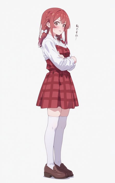 masterpiece,best quality,newest,absurdres,highres,
front view,full_shot,Raised brow with a questioning look,looking_at_viewer,
<lora:SakurasawaSumiCYQL:1>,SakurasawaSumiCYQL,1girl,solo,red hair,braid,single braid,hair bow,brown eyes,blush,shirt,white shirt,dress,red dress,plaid dress,long sleeves,white thighhighs,loafers,brown footwear,
full body,standing,crossed_arms,,
lightcyan background,simple background,
<lora:spo_sdxl_10ep_4k-data_lora_webui>,<lora:NOOB_EPSv1_1_detailer_by_vlnvk_v1_0>,<lora:shiej007>,,